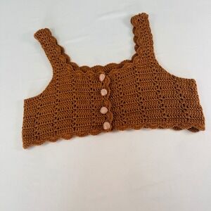 Cider Womens Crochet Crop Top Brown Button Front Scalloped Boho Size M
